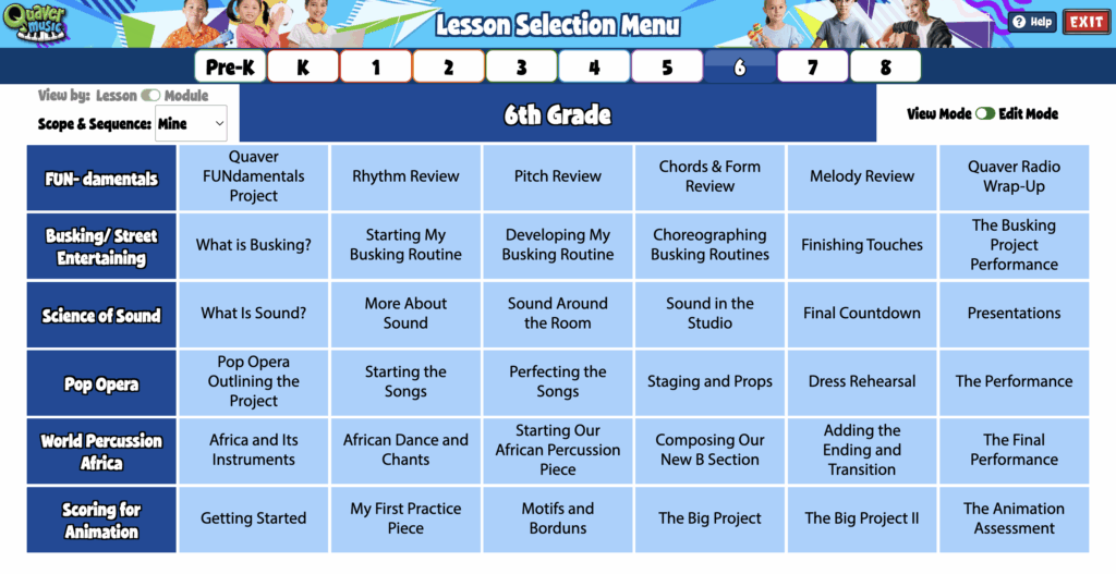 A screenshot of the Lesson Selection Menu, as described above.